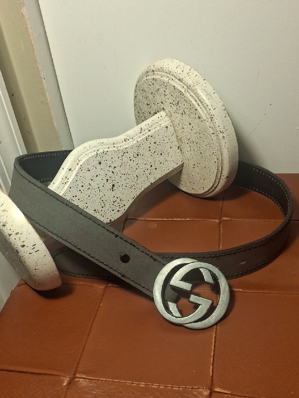 Gray Leather Belt with Silver Interlocking Logo Buckle